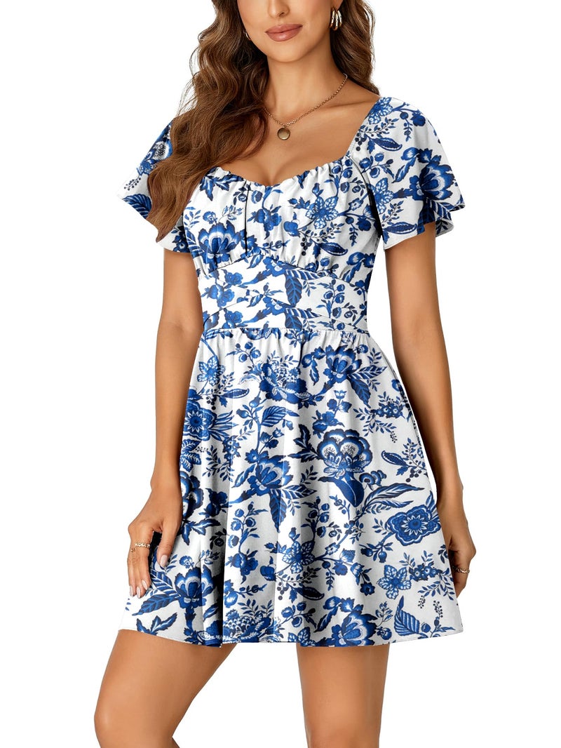 Rooscier Women's Tie Back Square Neck Ruffle Wrap Short Sleeve Flare Mini Dress Navy Blue Floral Medium - Image 3