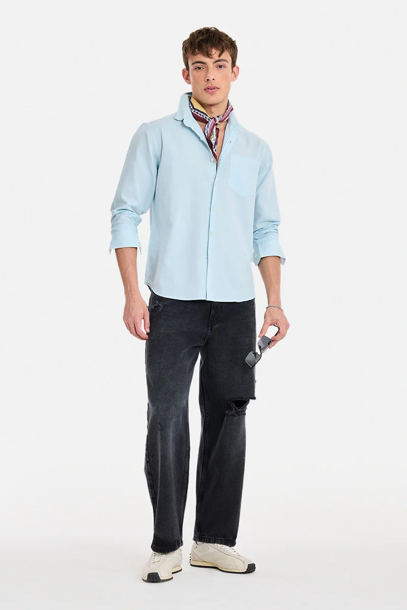سنيتش Light Blue Solid Long Sleeve Regular Fit Shirt