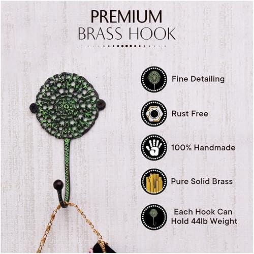 Indian-Shelf Indian Shelf 3 Pack Green Brass Antique Wall Hooks Vintage Farmhouse Style Decorative Coat Rack for Hanging Clothes and Accessories Wall Mounted Hooks - Image 3