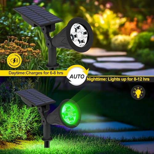 T-SUN Solar Spotlight LED Outdoor Wall Light, IP65 Waterproof, Auto-on at Night/Auto-Off by Day, 180°Angle Adjustable for Tree, Patio, Yard, Garden, Driveway, Stairs, Pool Area (Green) - Image 4