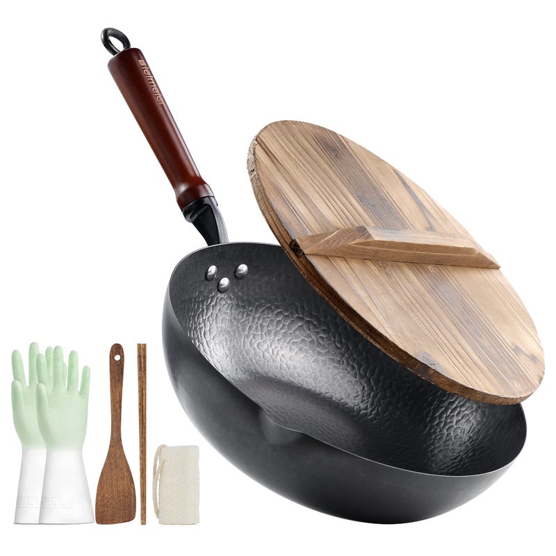BIELMEIER Wok Pan 12.5", Stir Fry Pan with Lid, Gloves & Cookware Accessories, Carbon Steel, Suitable for All Stoves (Flat Bottom) - Image 1