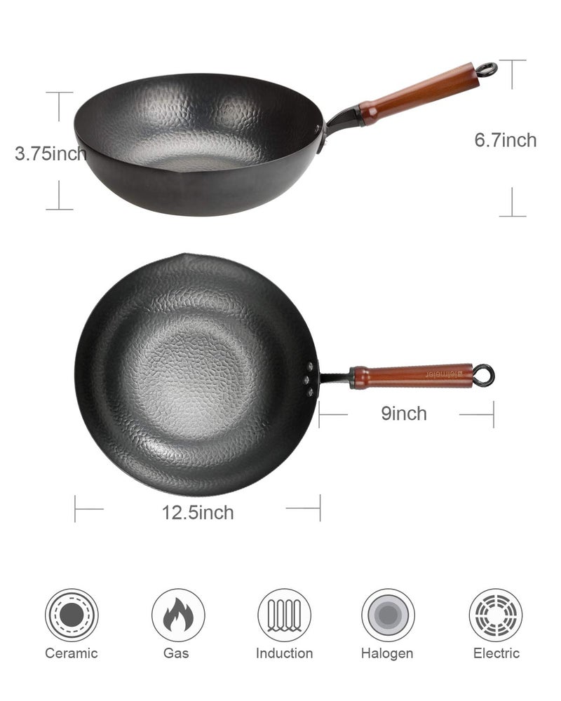 BIELMEIER Wok Pan 12.5", Stir Fry Pan with Lid, Gloves & Cookware Accessories, Carbon Steel, Suitable for All Stoves (Flat Bottom) - Image 3