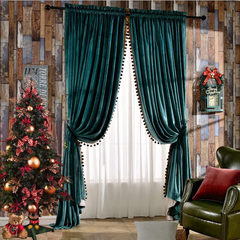 Melodieux Melodieux Pom Poms Velvet Blackout Curtains for Living Room Bedroom Vintage Luxury Energy Saving Rod Pocket Thermal Insulated Lined Drapes 52 W x 96 L Antique Green 2 Panels 