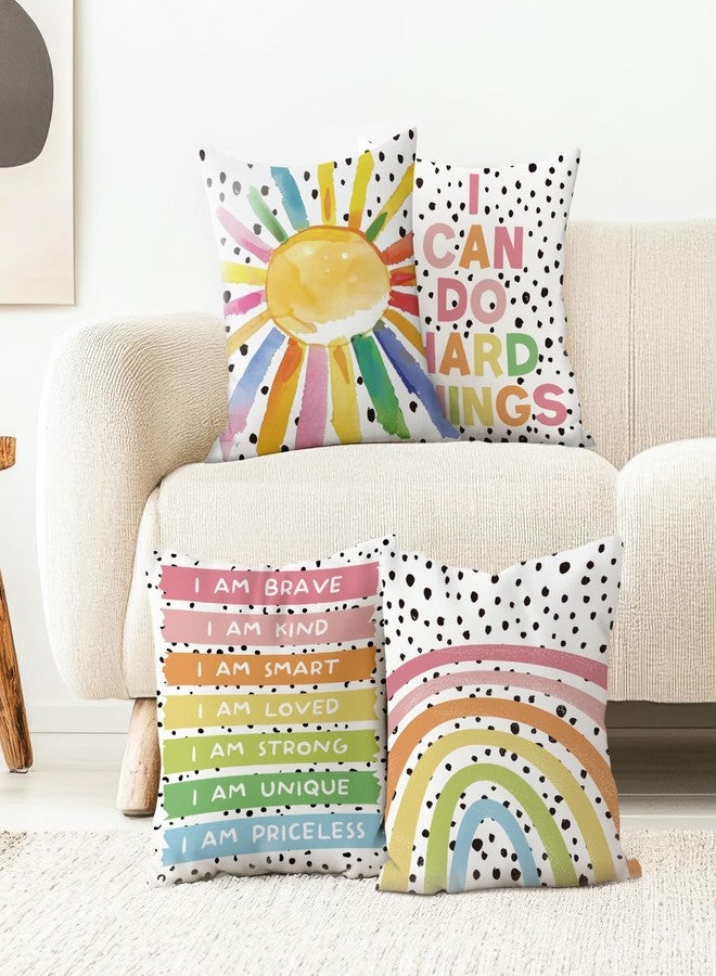 ISANOU Boho Classroom Decorative Pillow Covers,Inspirational Colourful Sun Rainbow Throw Pillow Covers Decor for Nursery Playroom Living Room Kids Bedroom,18x18 Inch Pillowcase Set of 4 - Image 3
