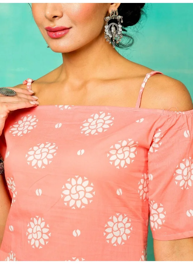 AKS Peach & White Printed Kurta & Pant With Dupatta Set