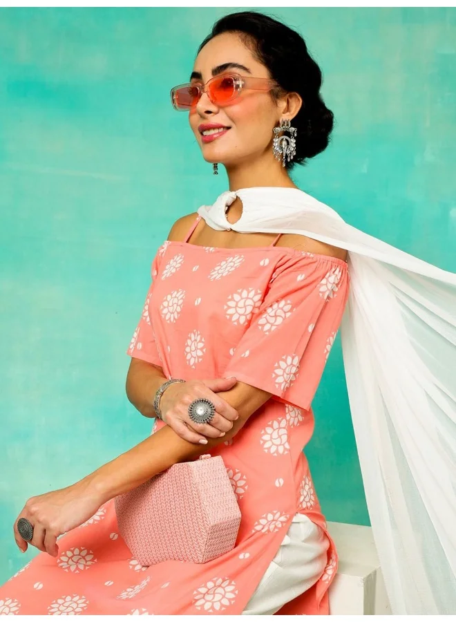 AKS Peach & White Printed Kurta & Pant With Dupatta Set