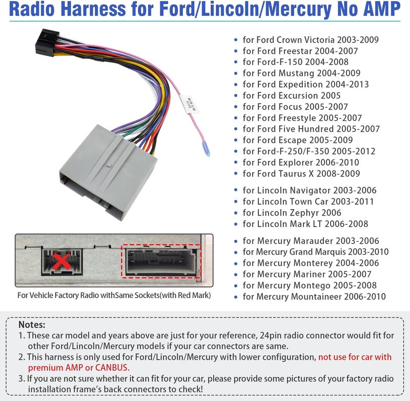 Jayubien Stereo Radio Wiring Harness Adapter for Ford and Lincoln Vehicles, 16Pin ISO to 24Pin Car Stereo Connector - Image 3