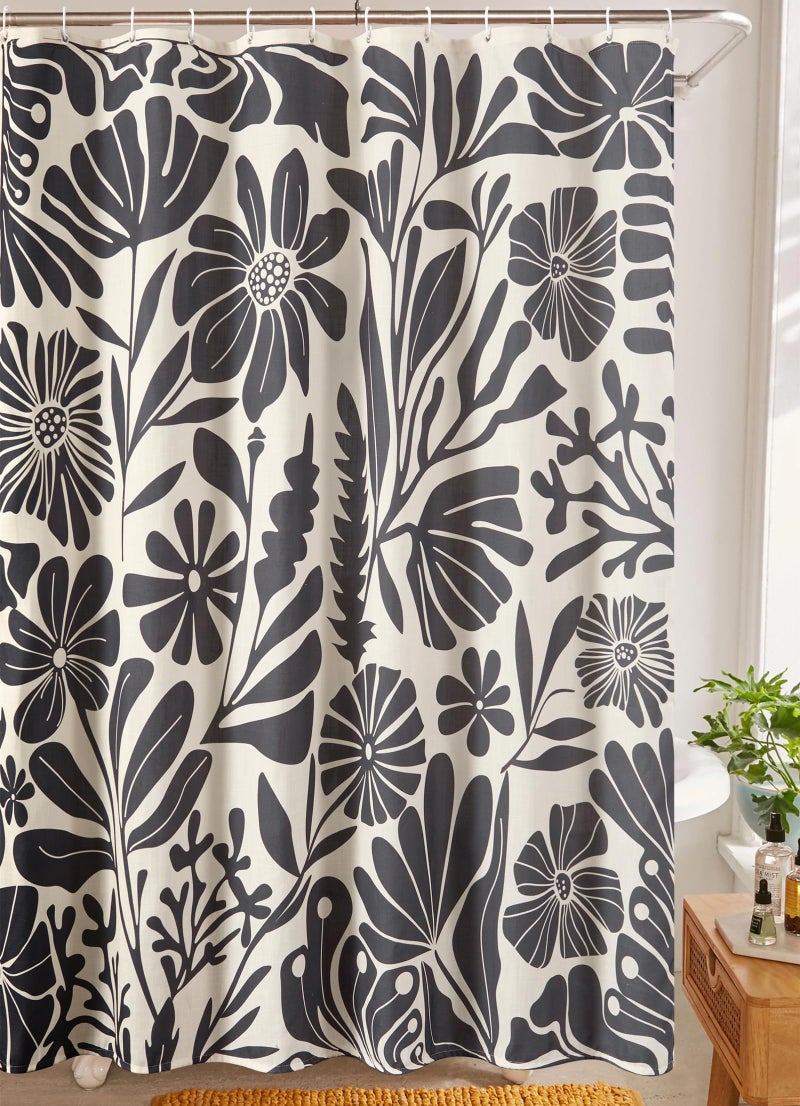RoomTalks Black Vintage Floral Faux Linen Shower Curtain for Bathroom Decor - 210GSM Heavy Duty Modern Farmhouse Country Rustic Matisse Plants Botanical Shower Curtain Set with Hooks - Image 1