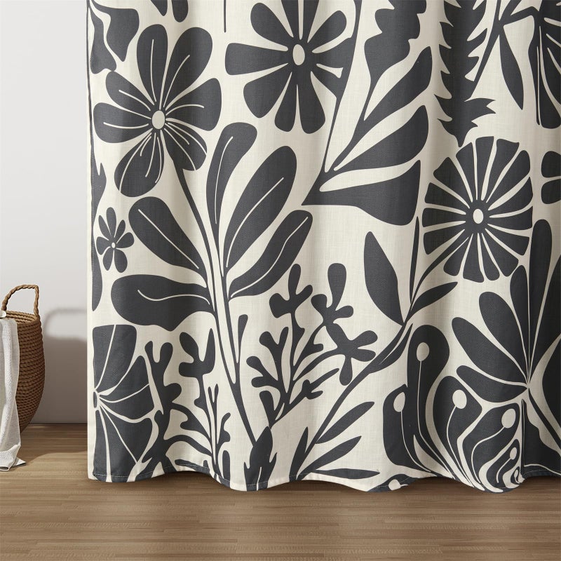 RoomTalks Black Vintage Floral Faux Linen Shower Curtain for Bathroom Decor - 210GSM Heavy Duty Modern Farmhouse Country Rustic Matisse Plants Botanical Shower Curtain Set with Hooks - Image 3