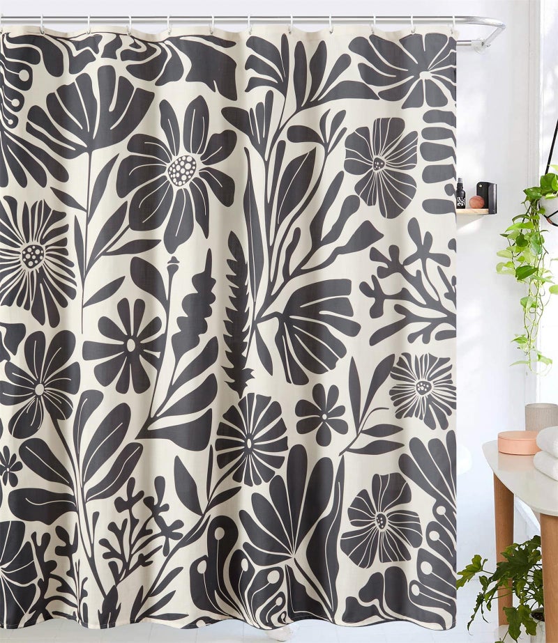 RoomTalks Black Vintage Floral Faux Linen Shower Curtain for Bathroom Decor - 210GSM Heavy Duty Modern Farmhouse Country Rustic Matisse Plants Botanical Shower Curtain Set with Hooks - Image 2
