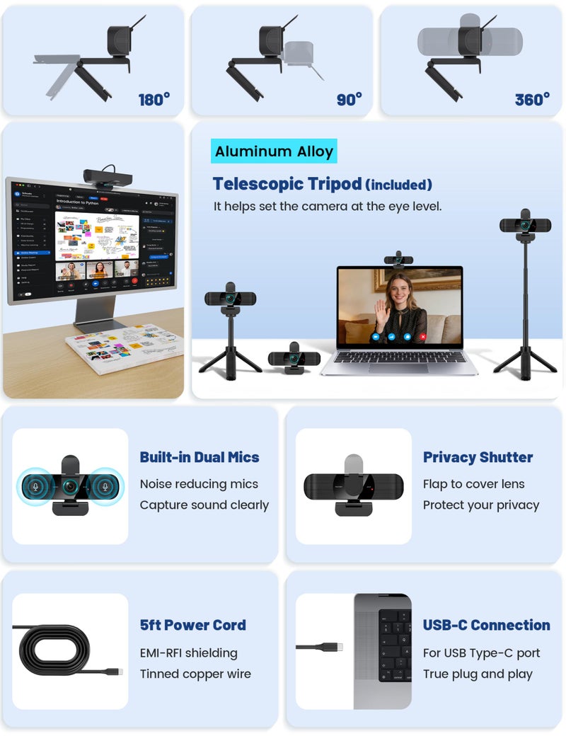 RUWBY Full HD 1080P Webcam with Built-in Dual Mics, Wide-Angle Lens, Privacy Cover, Tripod Stand, Autofocus PC Camera, Plug and Play for Desktop Computer or Laptop - Image 3