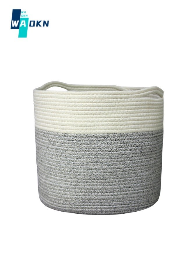 WAOKN Thickened Cotton and Linen Laundry Basket, Desktop Storage Basket Dirty Clothes Storage Basket, Home Storage Solution for Office, Bedroom, Closet, Toy and Laundry Room (White and Gray) - Image 1