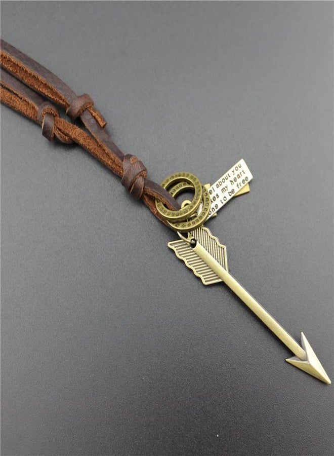 THE MEN THING حلق القلب الرجالي - قلادة سهم ذهبي عتيقة من سبيكة معدنية مع سلسلة من الجلد الطبيعي قابلة للتعديل للرجال والفتيان - Image 3