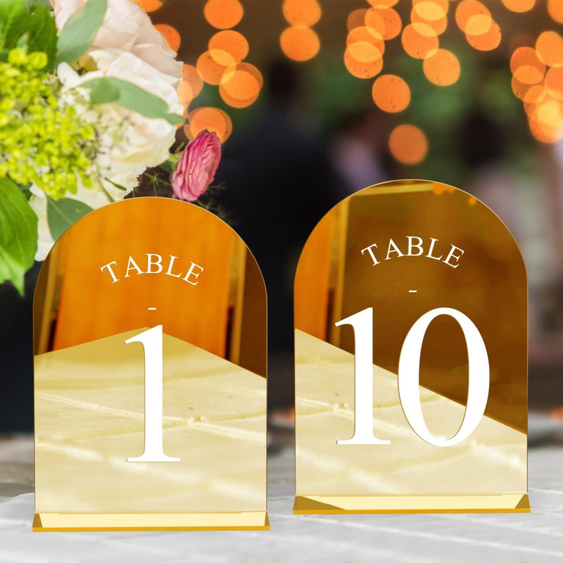 JOYIT Arch Wedding Table Numbers 1-10 with Stands â€“ 5" X 7" Acrylic Mirrored Gold Table Number Holders, Perfect for Wedding Receptions, Parties, Anniversaries, and Events - Image 1