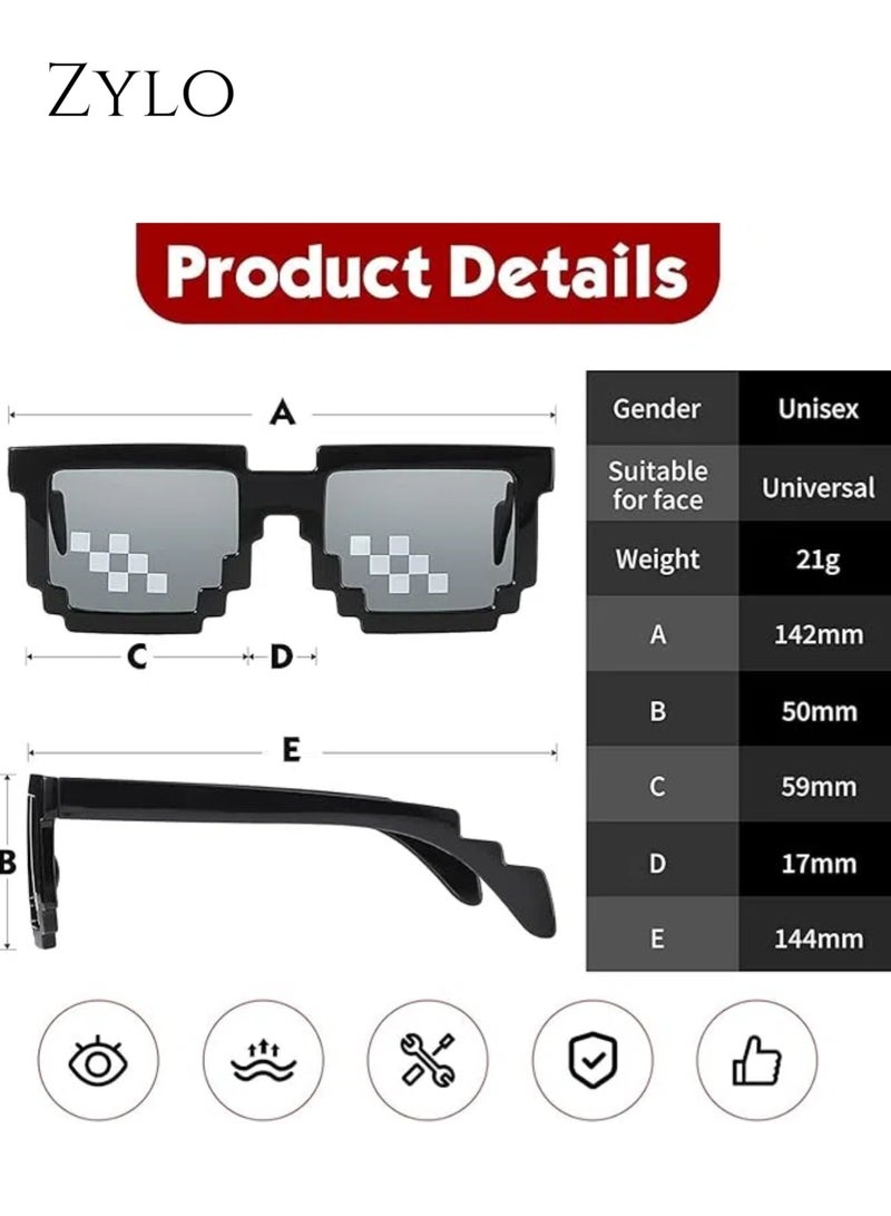 زيلو 2 أزواج من النظارات الشمسية البكسلية، نظارات شمسية للرجال والنساء، نظارات شمسية مضحكة، ملحقات حفلات التصوير مع حافظة للنظارات - أسود - Image 3