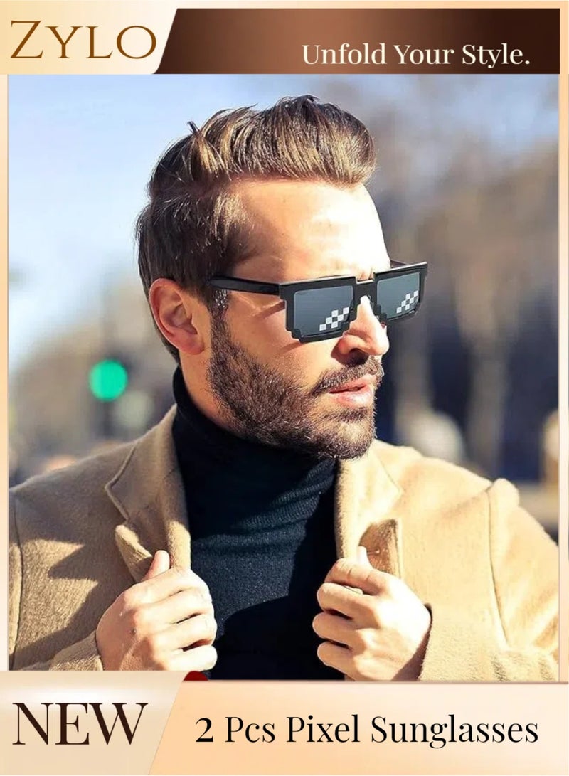 زيلو 2 أزواج من النظارات الشمسية البكسلية، نظارات شمسية للرجال والنساء، نظارات شمسية مضحكة، ملحقات حفلات التصوير مع حافظة للنظارات - أسود - Image 1