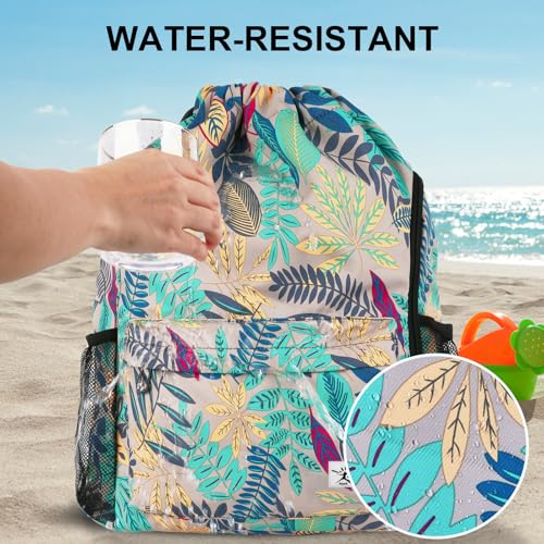 Risefit Drawstring Backpack with Mesh Pockets String Gym Bag Sackpack Sandproof Water Resistant Beach Backpack for Men Women (Gray Leaves) - Image 3