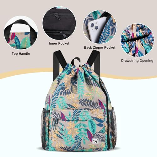 Risefit Drawstring Backpack with Mesh Pockets String Gym Bag Sackpack Sandproof Water Resistant Beach Backpack for Men Women (Gray Leaves) - Image 4