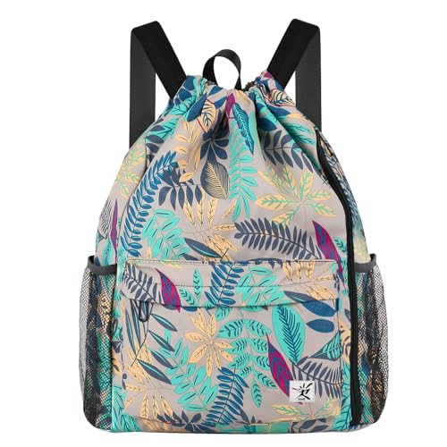 Risefit Drawstring Backpack with Mesh Pockets String Gym Bag Sackpack Sandproof Water Resistant Beach Backpack for Men Women (Gray Leaves) - Image 1