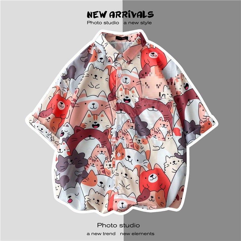 Couple Men'S And Women'S Shirt Pattern Summer Korean Style Student Trendy Short-Sleeved Floral Shirt Thin Youth Casual Summer Wear - Image 3