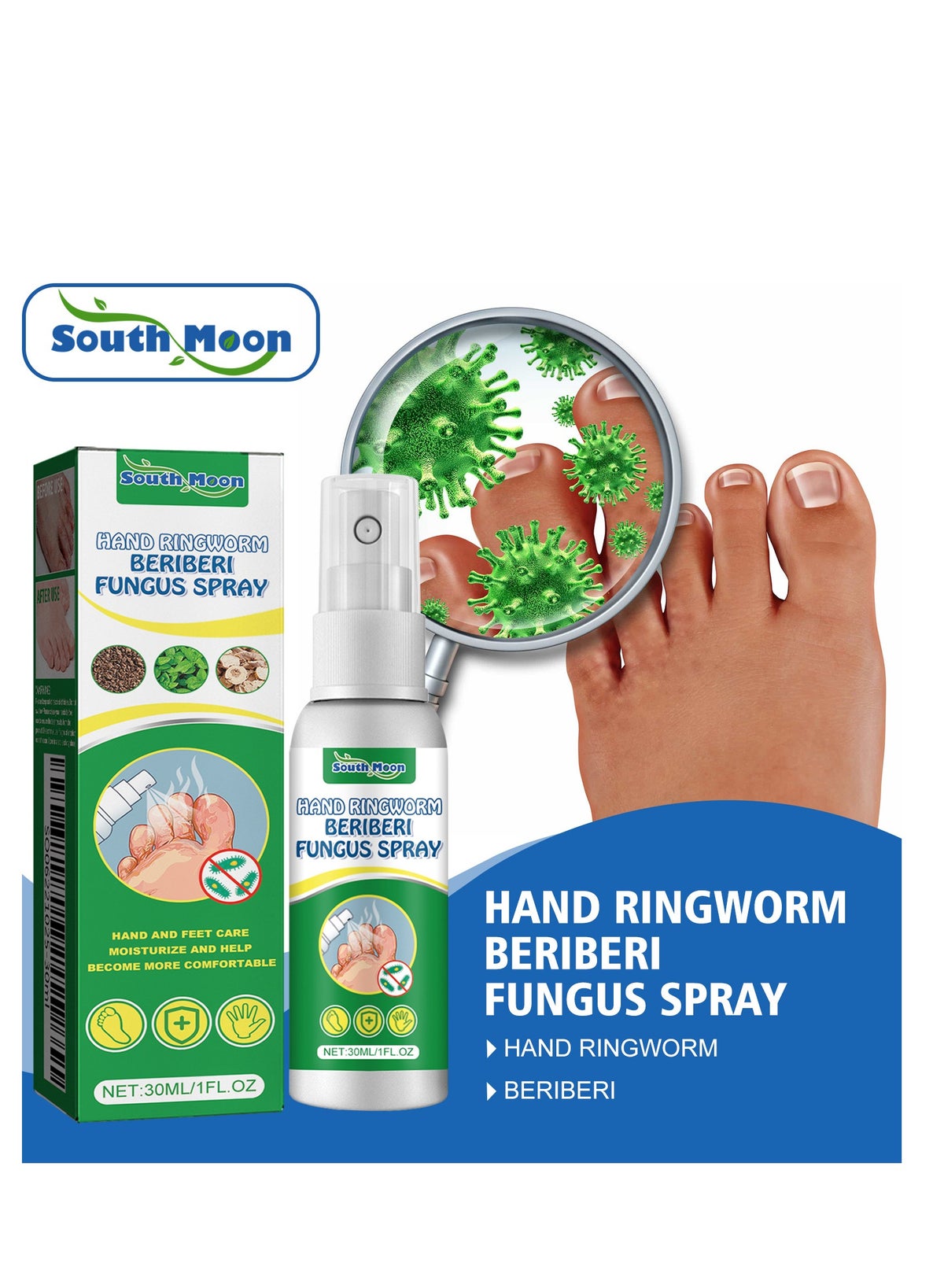 Pingworm Spray SOUTH MOON Hand Ringworm Beriberi Fungus Spray,Natural Herbal Foot ...