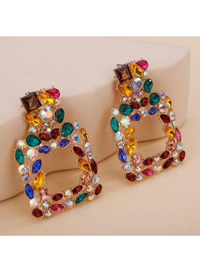 Denifery Crystal Square Dangle Statement Earrings Geometric Shaped With Colorful Rhinstone Drop Earrings For Women Bling Stud Earrings For Prom Wedding (Colorful) - Image 5