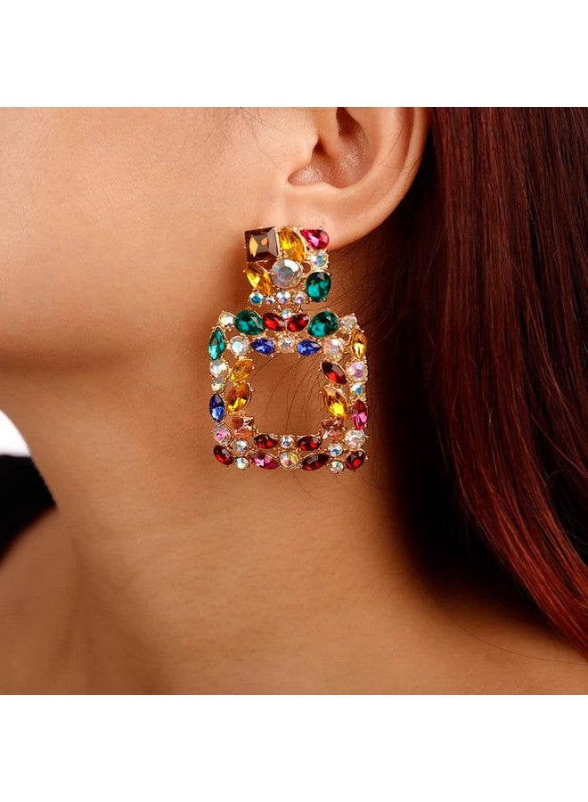 Denifery Crystal Square Dangle Statement Earrings Geometric Shaped With Colorful Rhinstone Drop Earrings For Women Bling Stud Earrings For Prom Wedding (Colorful) - Image 1