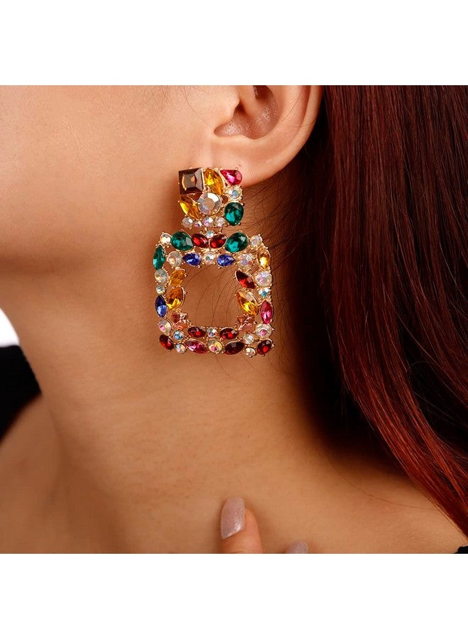 Denifery Crystal Square Dangle Statement Earrings Geometric Shaped With Colorful Rhinstone Drop Earrings For Women Bling Stud Earrings For Prom Wedding (Colorful) - Image 3