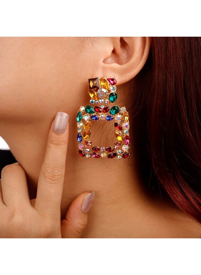 Denifery Crystal Square Dangle Statement Earrings Geometric Shaped With Colorful Rhinstone Drop Earrings For Women Bling Stud Earrings For Prom Wedding (Colorful) - Image 2