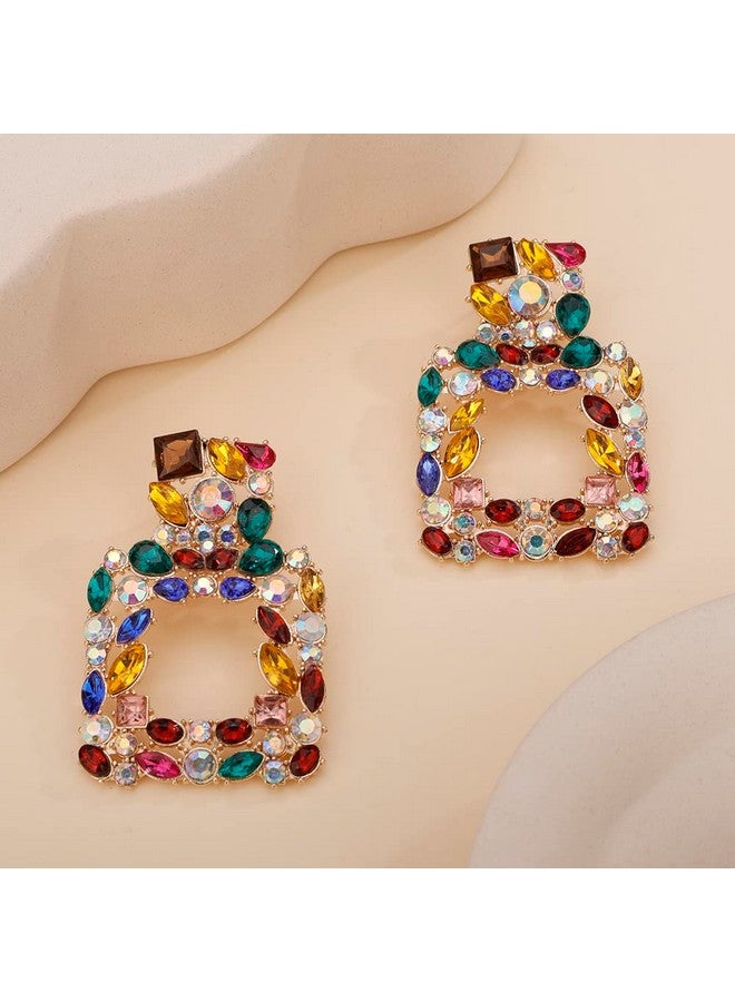 Denifery Crystal Square Dangle Statement Earrings Geometric Shaped With Colorful Rhinstone Drop Earrings For Women Bling Stud Earrings For Prom Wedding (Colorful) - Image 4