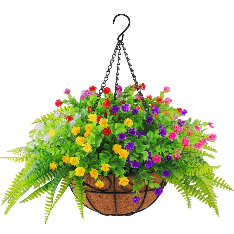 Elecxlink Artificial Fake Hanging Plants Flowers Basket for Outdoor Spring Summer Decorarion UV Resistant Faux Rose Eucalyptus Boston Ferns Plants for Indoor Outside Garden Porch Patio Balcony Decor