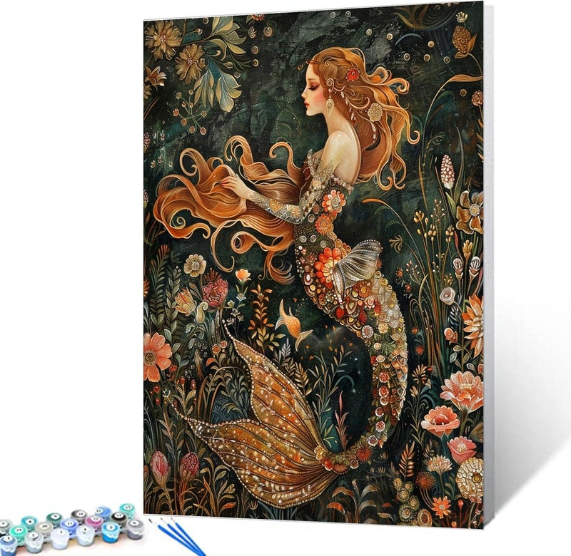 Tucocoo Lady Mermaid Paint by Numbers Kit for Adult BeginnerPrincess of The Sea Paint by Number Easily Plants and Flowers Colorful Funny Home Decor Handicraft Lover Gifts 16x20 Inch No Frame - Image 1