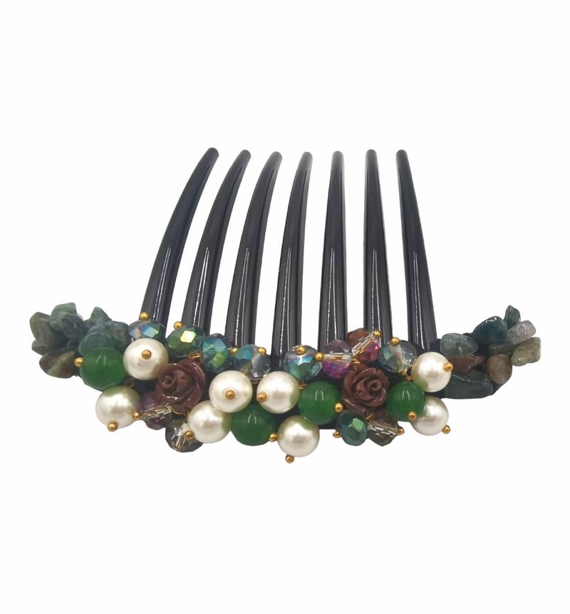 Thai Side Comb Hair Accessories French twist hair comb Ornamented along the top of the heading with Pearl  Stone Green