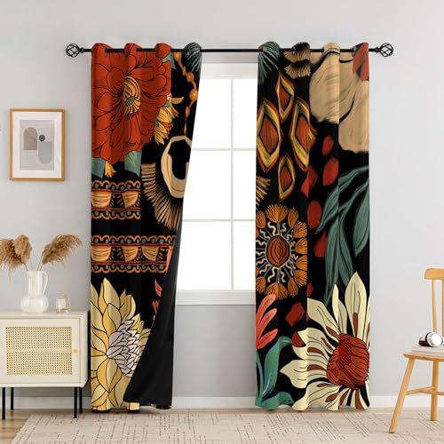 Tyrot 100% Blackout Black Boho Floral Curtains for Living Room 84 inch Long 2 Panels Farmhouse Mid Century Black Out Curtains for Bedroom Grommet Thermal Insulated Room Darkening Window Drapes,52Wx84L - Image 2