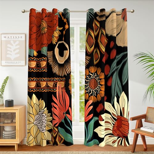 Tyrot 100% Blackout Black Boho Floral Curtains for Living Room 84 inch Long 2 Panels Farmhouse Mid Century Black Out Curtains for Bedroom Grommet Thermal Insulated Room Darkening Window Drapes,52Wx84L - Image 1