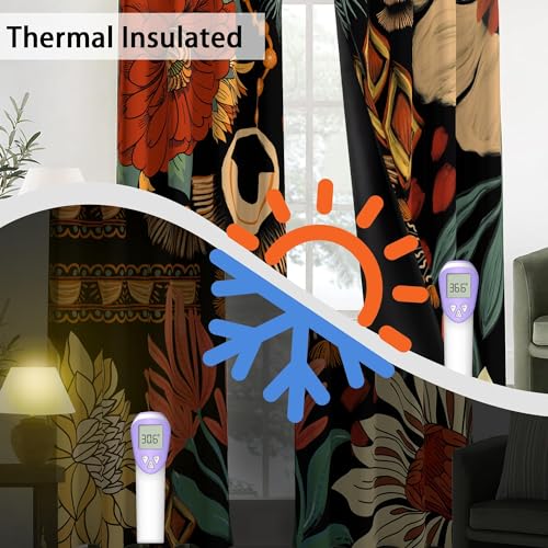 Tyrot 100% Blackout Black Boho Floral Curtains for Living Room 84 inch Long 2 Panels Farmhouse Mid Century Black Out Curtains for Bedroom Grommet Thermal Insulated Room Darkening Window Drapes,52Wx84L - Image 4