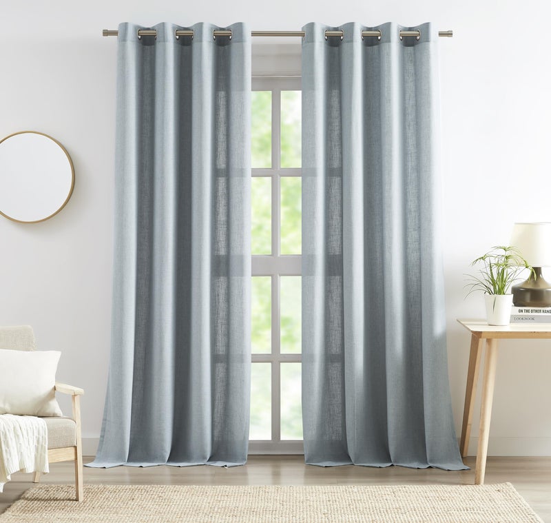 Central Park Grommet Semi Sheer Curtain Textured Linen Blend Light Filtering Window Treatment Panel 90 Inch for Living Room Bedroom Flax Farmhouse Rustic Drape  Mist Gray/Blue  58"" Wx90 Lx2 - Image 1