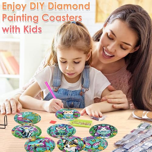 ijbnhd 8 PCS Animals Diamond Painting Coasters Animals Diamond Art Coasters with Holder DIY for Beginners Adults 5D Crafts Supplies 4X4inch(Cork Wooden Pad) - Image 4
