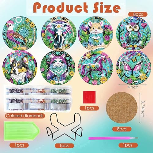 ijbnhd 8 PCS Animals Diamond Painting Coasters Animals Diamond Art Coasters with Holder DIY for Beginners Adults 5D Crafts Supplies 4X4inch(Cork Wooden Pad) - Image 3