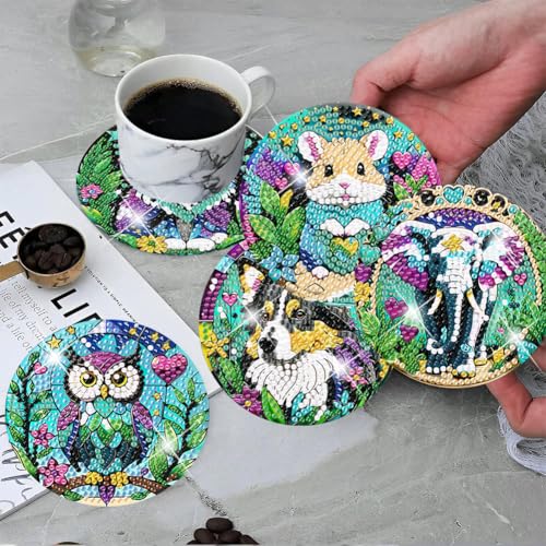 ijbnhd 8 PCS Animals Diamond Painting Coasters Animals Diamond Art Coasters with Holder DIY for Beginners Adults 5D Crafts Supplies 4X4inch(Cork Wooden Pad) - Image 5
