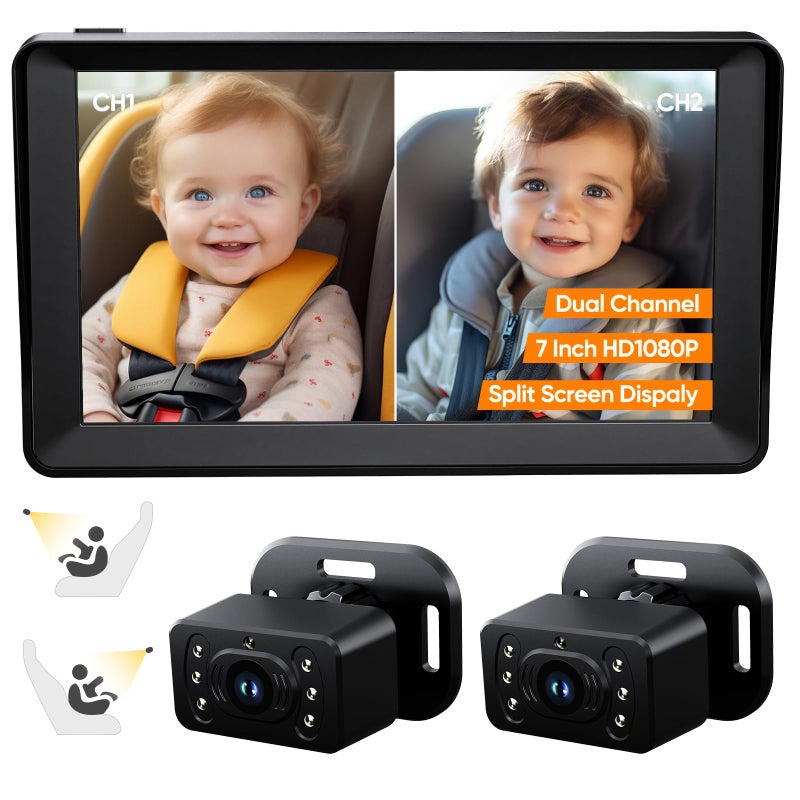 Kidsneed Baby Car Camera for 2 Kids - 7 Inch HD1080P Split Screen Baby Monitor with Dual Backseat Camera 150Â° Wide View & 360Â° Rotatable, Night Vision Easy Install, Rear-Facing Baby Car Mirror - Image 1