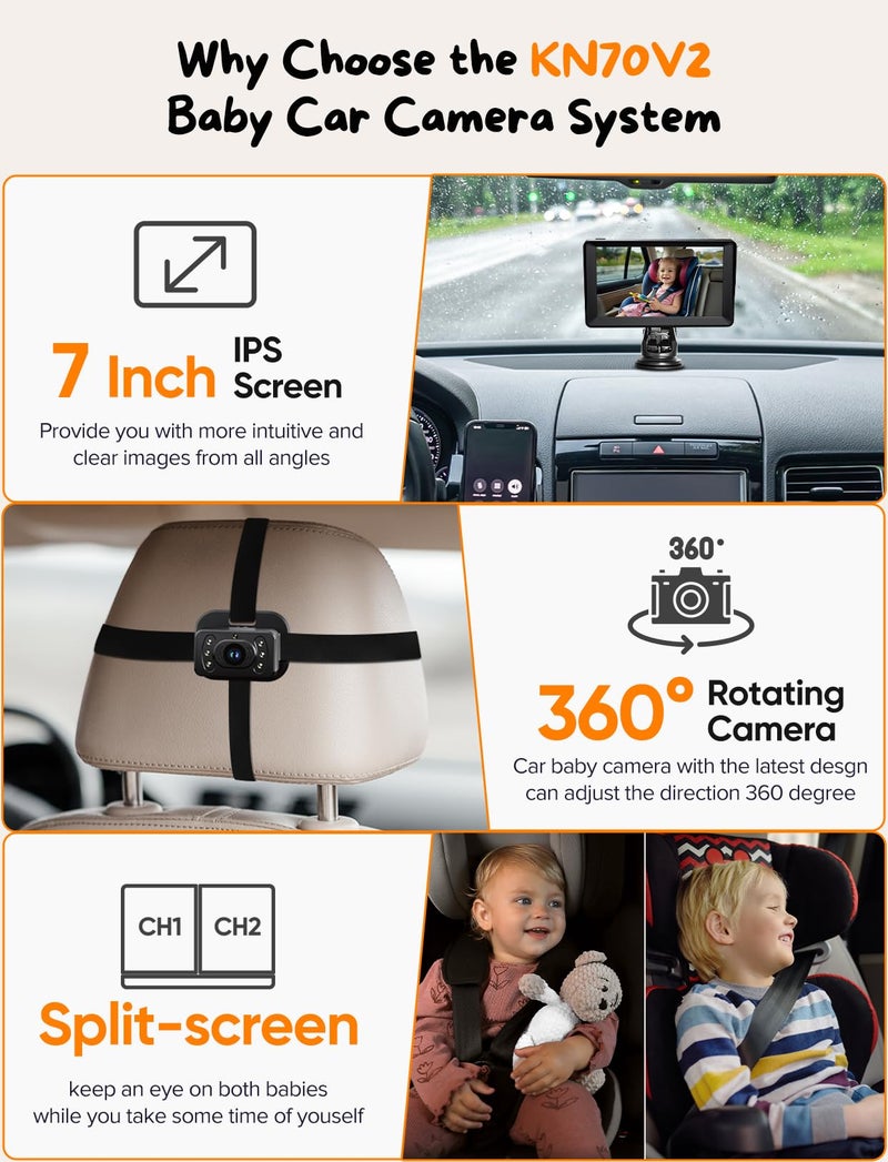 Kidsneed Baby Car Camera for 2 Kids - 7 Inch HD1080P Split Screen Baby Monitor with Dual Backseat Camera 150Â° Wide View & 360Â° Rotatable, Night Vision Easy Install, Rear-Facing Baby Car Mirror - Image 2