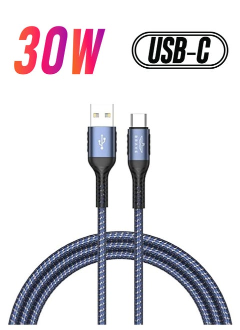 كابل بيانات مضفر USB من النوع C بقدرة 30 وات 3.1 أمبير شاحن شحن سريع لهاتف Huawei P40 USB C سلك بيانات للهاتف Xiaomi Mi Samsung (1.2 متر، USB إلى C 30 وات،) (أزرق)