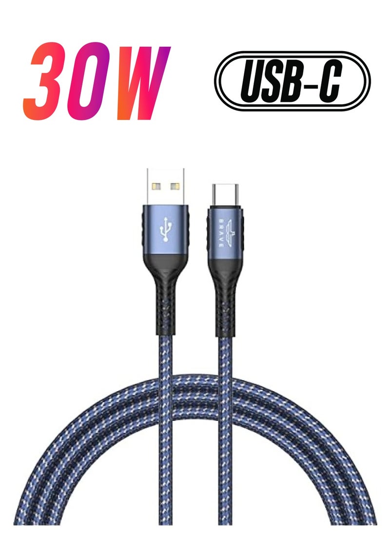 كابل بيانات مضفر USB من النوع C بقدرة 30 وات 3.1 أمبير شاحن شحن سريع لهاتف Huawei P40 USB C سلك بيانات للهاتف Xiaomi Mi Samsung (1.2 متر، USB إلى C 30 وات،) (أزرق)