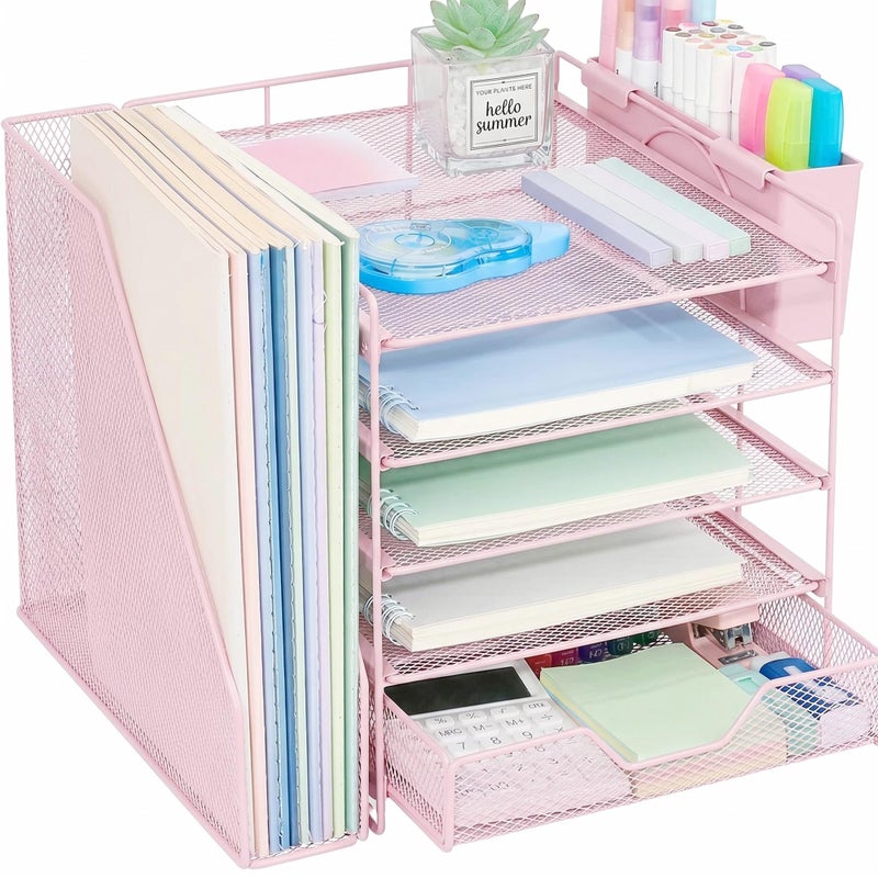 Gugsey Desk Organizers and Accessories 5Tier Paper Letter Tray Organizer with File Holder Drawer Pen Holder Office Desk Accessories Desktop Organizer for Classroom Office Supplies Pink - Image 2