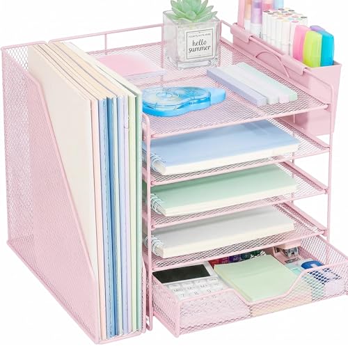 Gugsey Desk Organizers and Accessories 5Tier Paper Letter Tray Organizer with File Holder Drawer Pen Holder Office Desk Accessories Desktop Organizer for Classroom Office Supplies Pink - Image 1