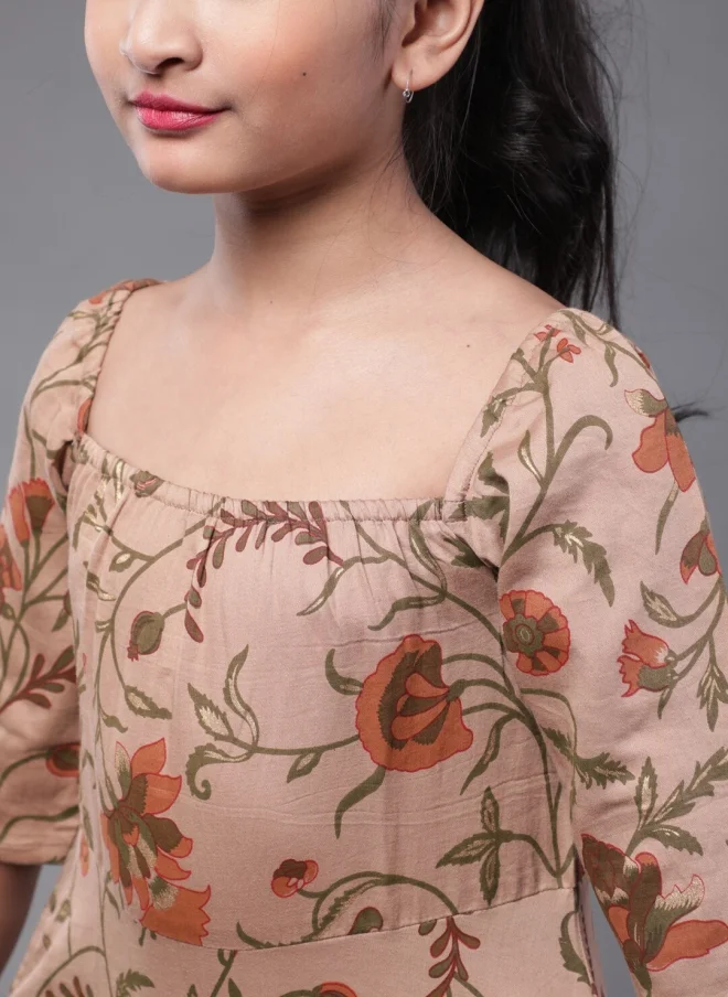 AKS Floral Printed A-Line Midi Dress for Girls