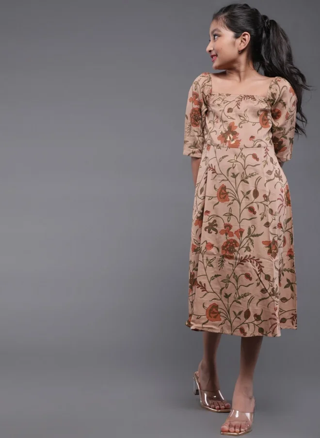AKS Floral Printed A-Line Midi Dress for Girls
