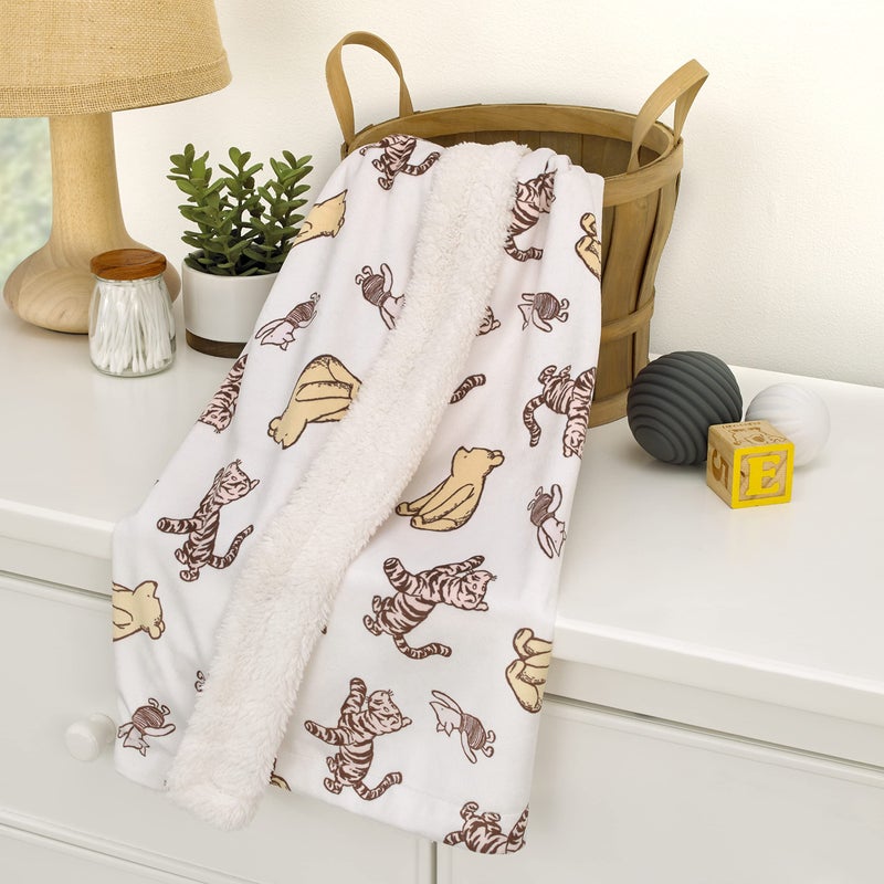 NoJo Disney Classic Pooh Hunny Fun with Piglet and Tigger White and Taupe Super Soft Baby Blanket - Image 2