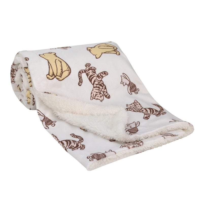 NoJo Disney Classic Pooh Hunny Fun with Piglet and Tigger White and Taupe Super Soft Baby Blanket - Image 1